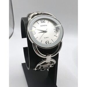 Geneva Silver Tone Hinged Cuff Bracelet Watch 7.5" Round Face Quartz Working
